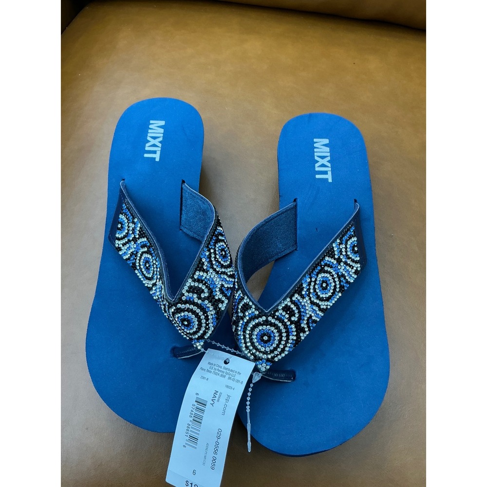 Mixit Flip Flops Womens 6 Navy New Rhinestone Embellished Platform Wedge Z1443